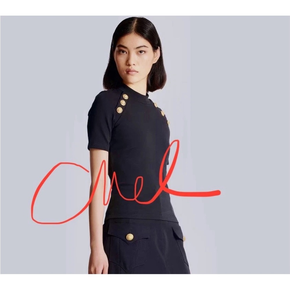 Balmain Black Top with Gold Button Accents